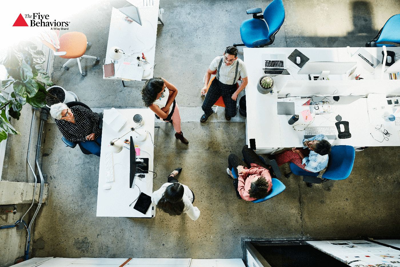 A team workshop viewed from above, with several small groups in discussion