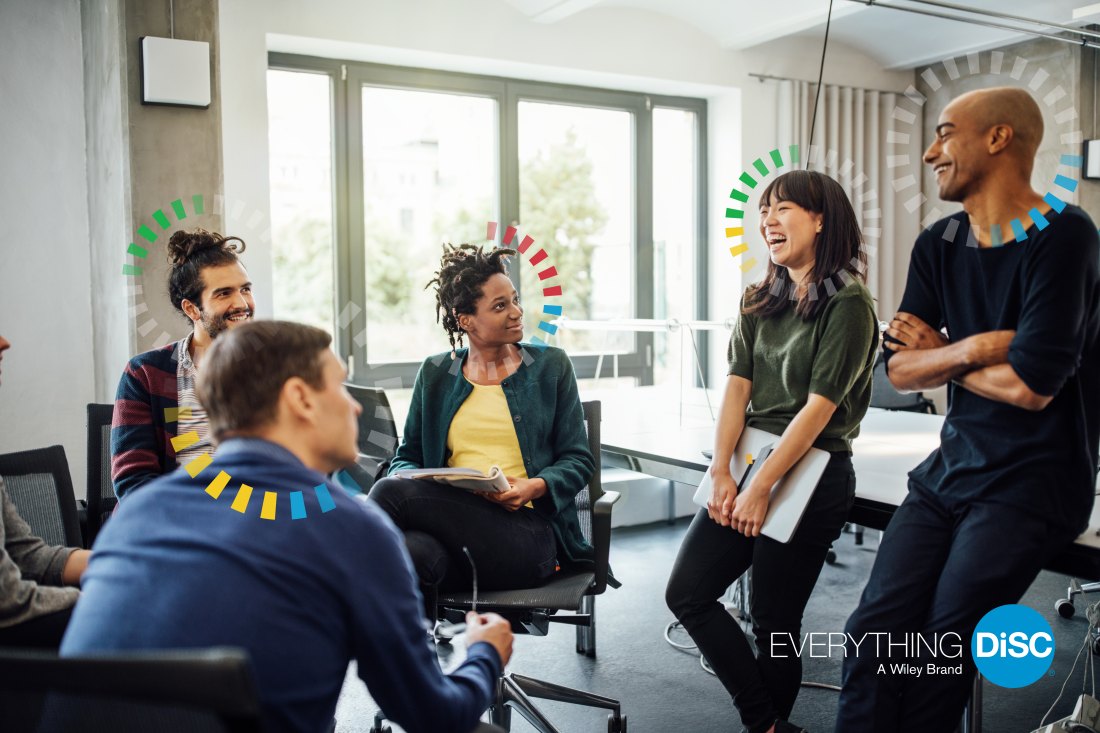 A team meeting where each person is shown with an Everything DiSC halo graphic in a different style colour